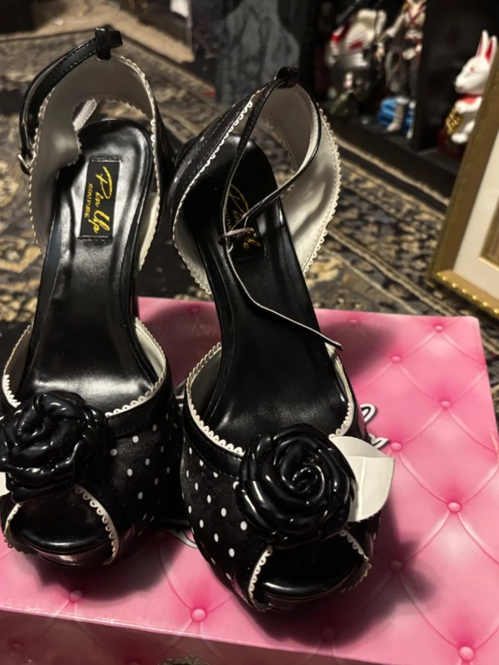 Pleasers - Pin Up Couture - Black Satin White Polka Dot Rose Heels - Size 8